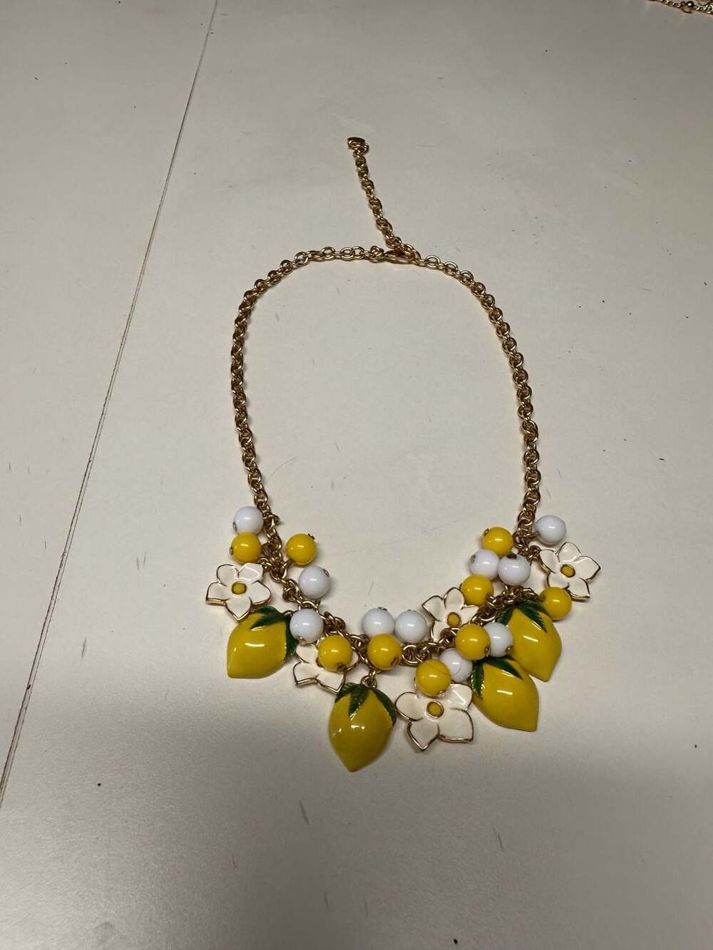 Enamel Lemons and White Flowers Statement Bib Necklace w/Yellow and White Beads